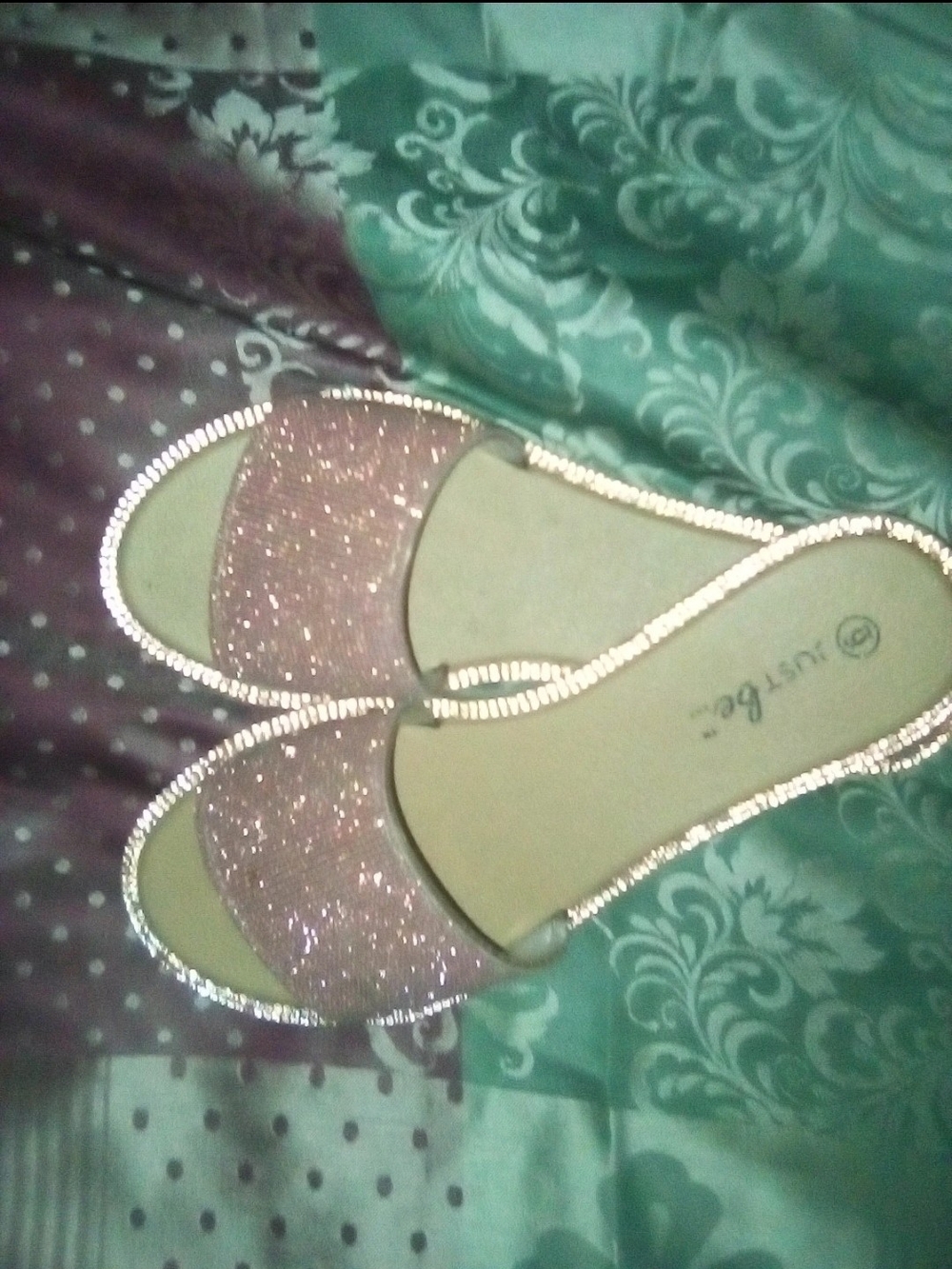 just be Pink Glitter Slide Sandals with Rhinestone Trim